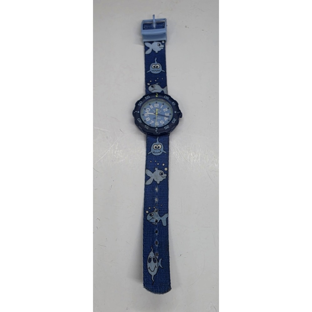Kids Flik Flak Swatch Watch Rotating Bezel Surfing Essentials Blue Fish
